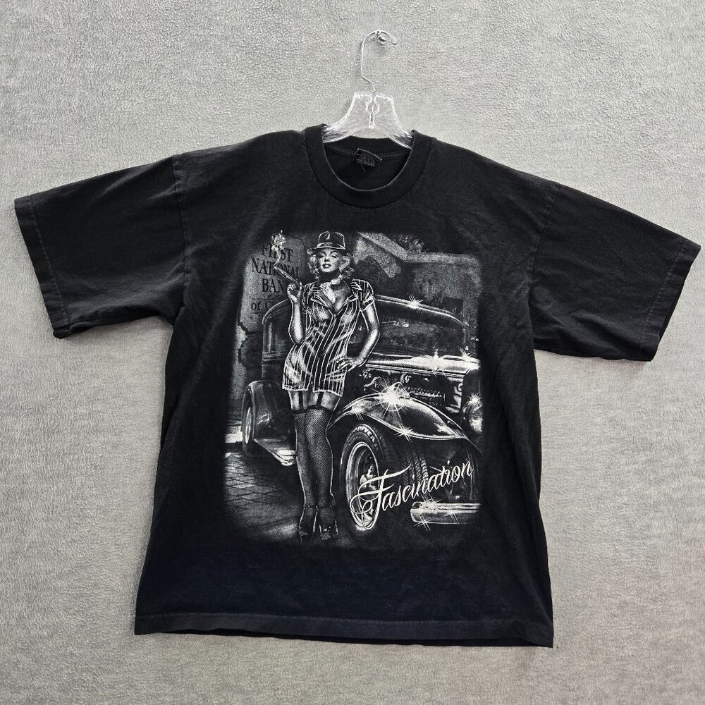 VINTAGE Fascination Men Shirt XL Black Gangster Marilyn Monroe Graphic 90s‎ USA